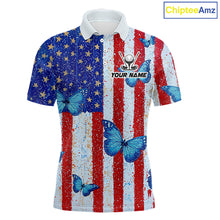 Load image into Gallery viewer, Personalized Blue Butterfly American Flag Polo – Custom Name Patriotic Golf Polo Shirt