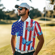 Load image into Gallery viewer, Man wearing a colorful golf shirt with American flag design on a golf course