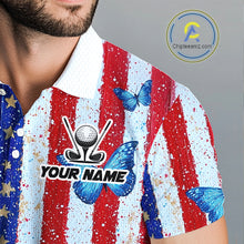 Load image into Gallery viewer, Shirt with American flag design, golf ball and butterfly graphics, and 'Your Name' text placeholder.