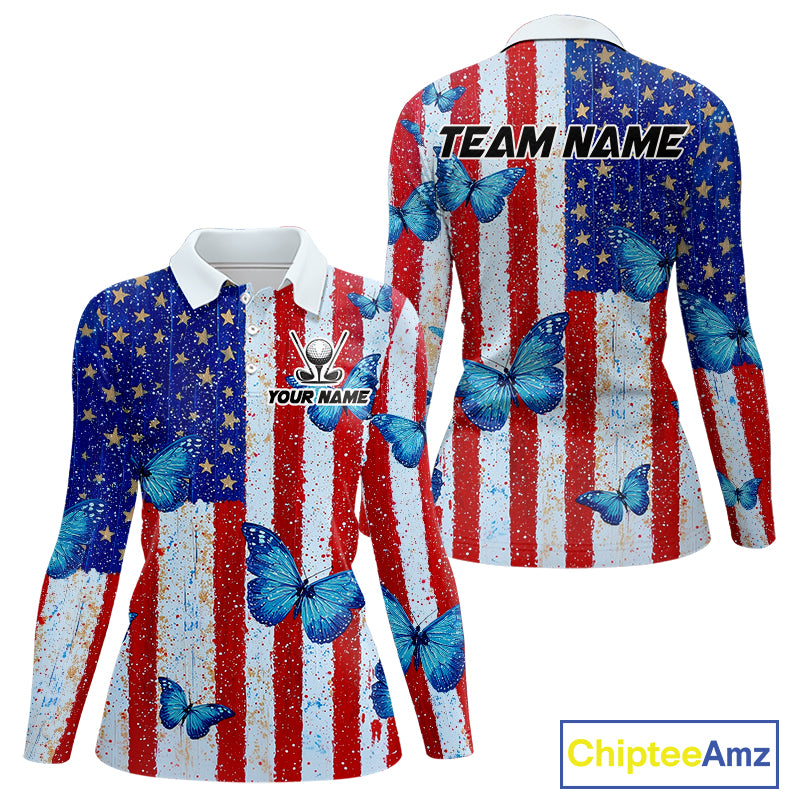 Personalized Blue Butterfly American Flag Polo – Custom Name Patriotic Womens Golf Polo Shirt