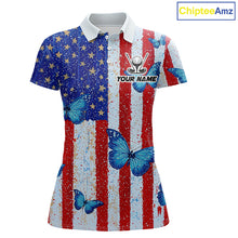 Load image into Gallery viewer, Personalized Blue Butterfly American Flag Polo – Custom Name Patriotic Womens Golf Polo Shirt