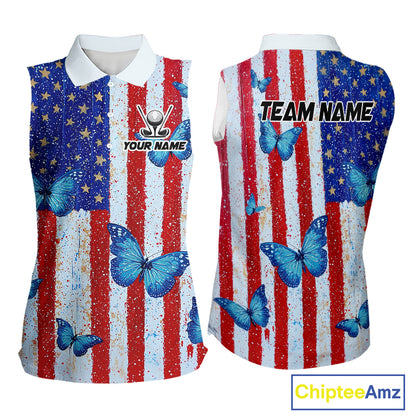 Personalized Blue Butterfly American Flag Polo – Custom Name Patriotic Womens Sleeveless Golf Polo Shirt