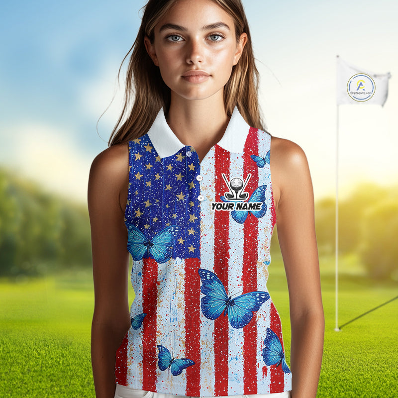 Personalized Blue Butterfly American Flag Polo – Custom Name Patriotic Womens Sleeveless Golf Polo Shirt