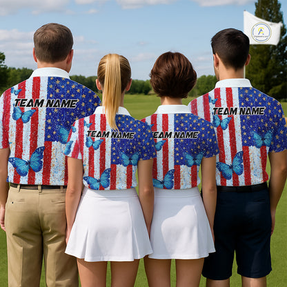Personalized Blue Butterfly American Flag Polo – Custom Name Patriotic Womens Golf Polo Shirt NHT1034