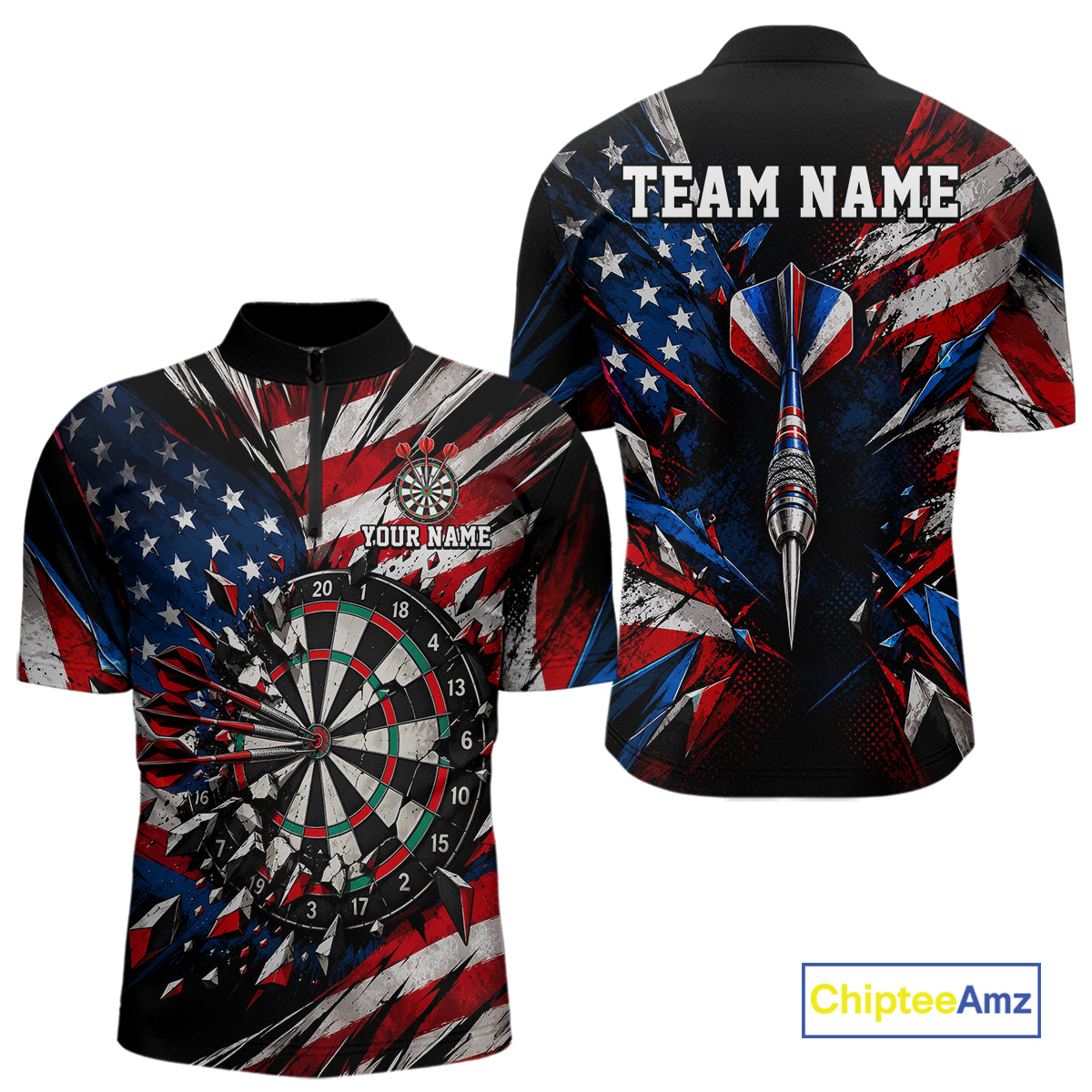 Patriotic American Flag Dart Game Pattern Polo 1/4-Zip Shirt For Men Personalized Team Jersey NHT1667
