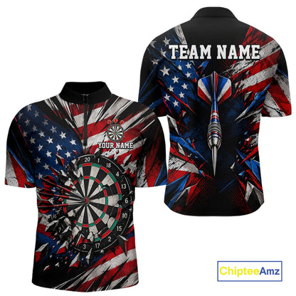 Patriotic American Flag Dart Game Pattern Polo 1/4-Zip Shirt For Men Personalized Team Jersey NHT1667