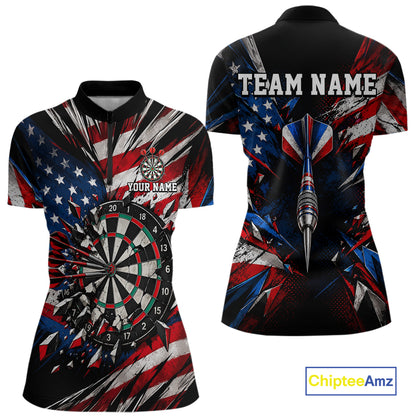 Patriotic American Flag Dart Game Pattern Polo 1/4-Zip Shirt For Women Personalized Team Jersey NHT1667
