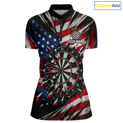 Patriotic American Flag Dart Game Pattern Polo 1/4-Zip Shirt For Women Personalized Team Jersey NHT1667