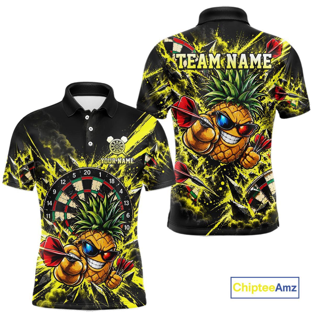 Cool Pineapple Dartboard Polo 1/4-Zip Shirt For Men Custom Yellow Black Darts Team Tournament Jersey NHT1668