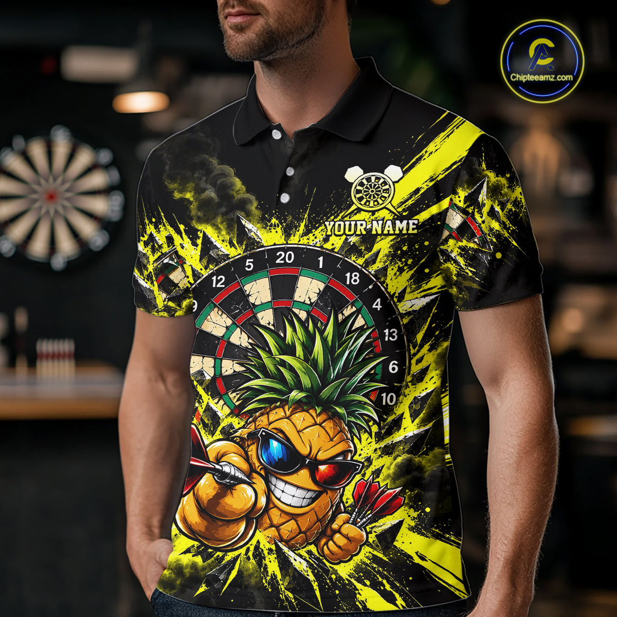 Cool Pineapple Dartboard Polo 1/4-Zip Shirt For Men Custom Yellow Black Darts Team Tournament Jersey NHT1668
