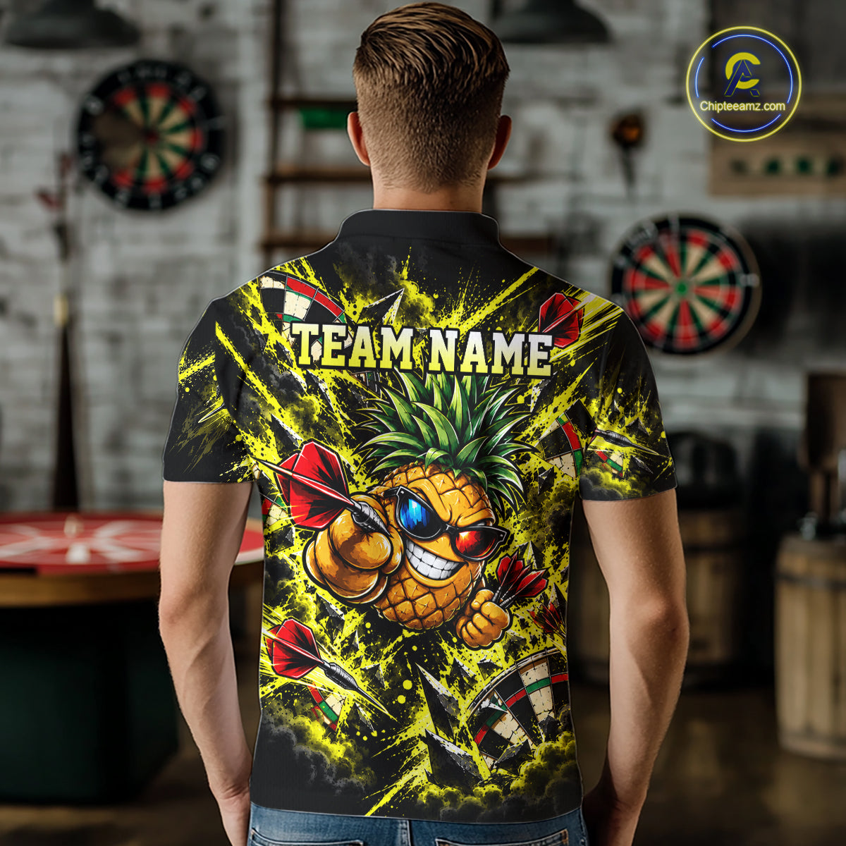 Cool Pineapple Dartboard Polo 1/4-Zip Shirt For Men Custom Yellow Black Darts Team Tournament Jersey NHT1668