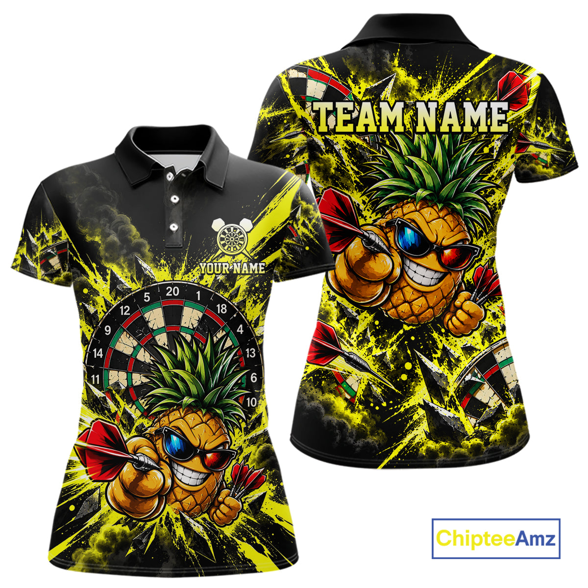 Cool Pineapple Dartboard Polo 1/4-Zip Shirt For Women Custom Yellow Black Darts Team Tournament Jersey NHT1668