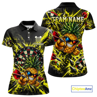 Cool Pineapple Dartboard Polo 1/4-Zip Shirt For Women Custom Yellow Black Darts Team Tournament Jersey NHT1668