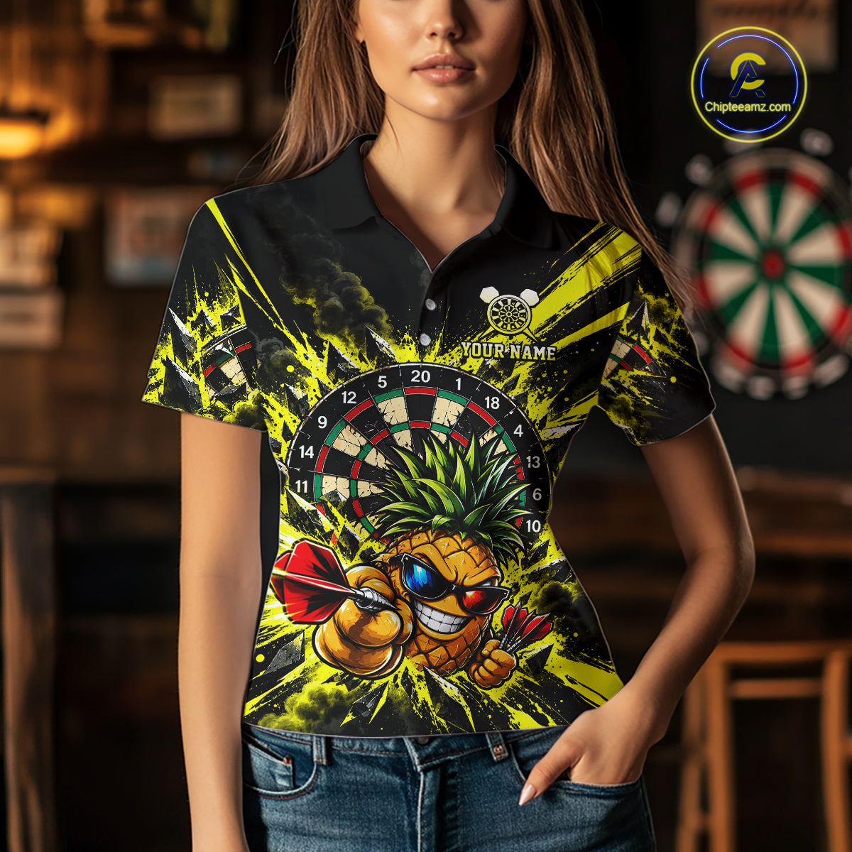 Cool Pineapple Dartboard Polo 1/4-Zip Shirt For Women Custom Yellow Black Darts Team Tournament Jersey NHT1668