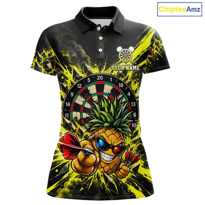 Cool Pineapple Dartboard Polo 1/4-Zip Shirt For Women Custom Yellow Black Darts Team Tournament Jersey NHT1668