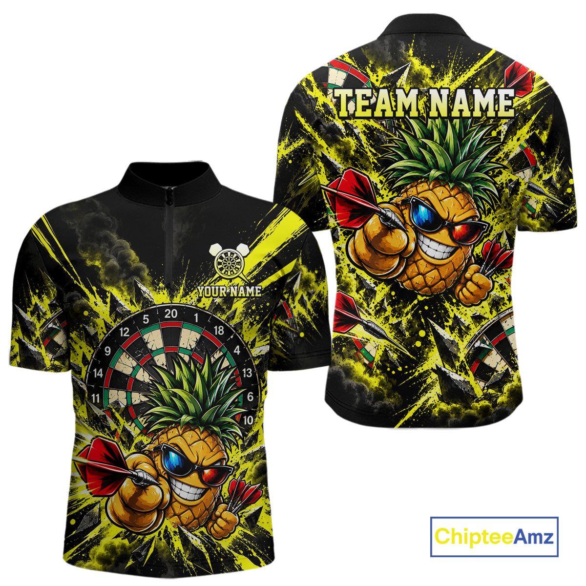 Cool Pineapple Dartboard Polo 1/4-Zip Shirt For Men Custom Yellow Black Darts Team Tournament Jersey NHT1668