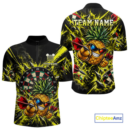 Cool Pineapple Dartboard Polo 1/4-Zip Shirt For Men Custom Yellow Black Darts Team Tournament Jersey NHT1668