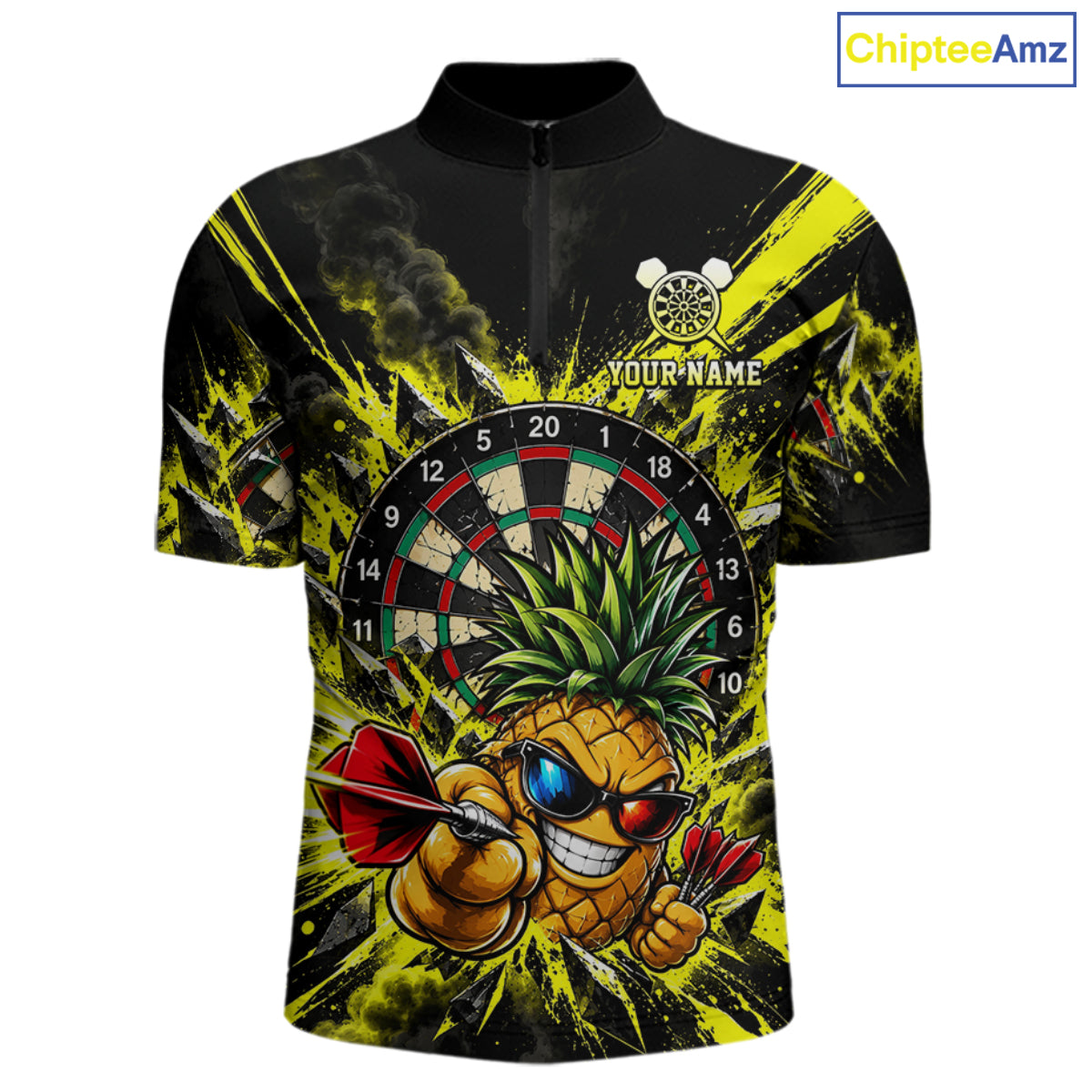 Cool Pineapple Dartboard Polo 1/4-Zip Shirt For Men Custom Yellow Black Darts Team Tournament Jersey NHT1668