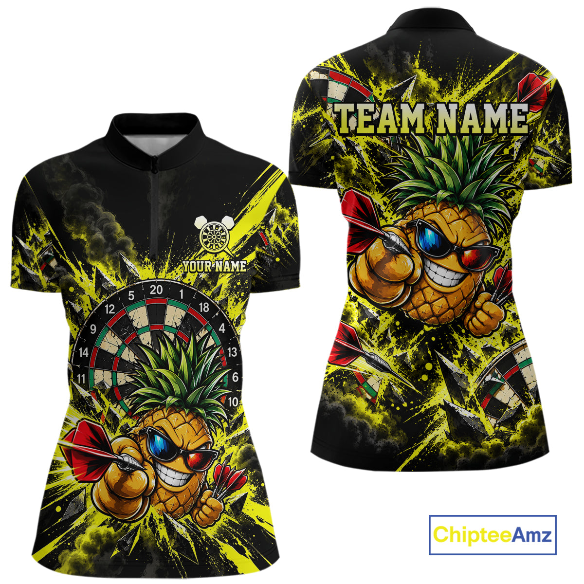 Cool Pineapple Dartboard Polo 1/4-Zip Shirt For Women Custom Yellow Black Darts Team Tournament Jersey NHT1668