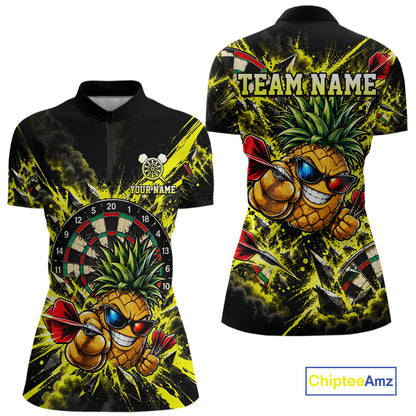 Cool Pineapple Dartboard Polo 1/4-Zip Shirt For Women Custom Yellow Black Darts Team Tournament Jersey NHT1668