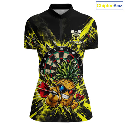 Cool Pineapple Dartboard Polo 1/4-Zip Shirt For Women Custom Yellow Black Darts Team Tournament Jersey NHT1668