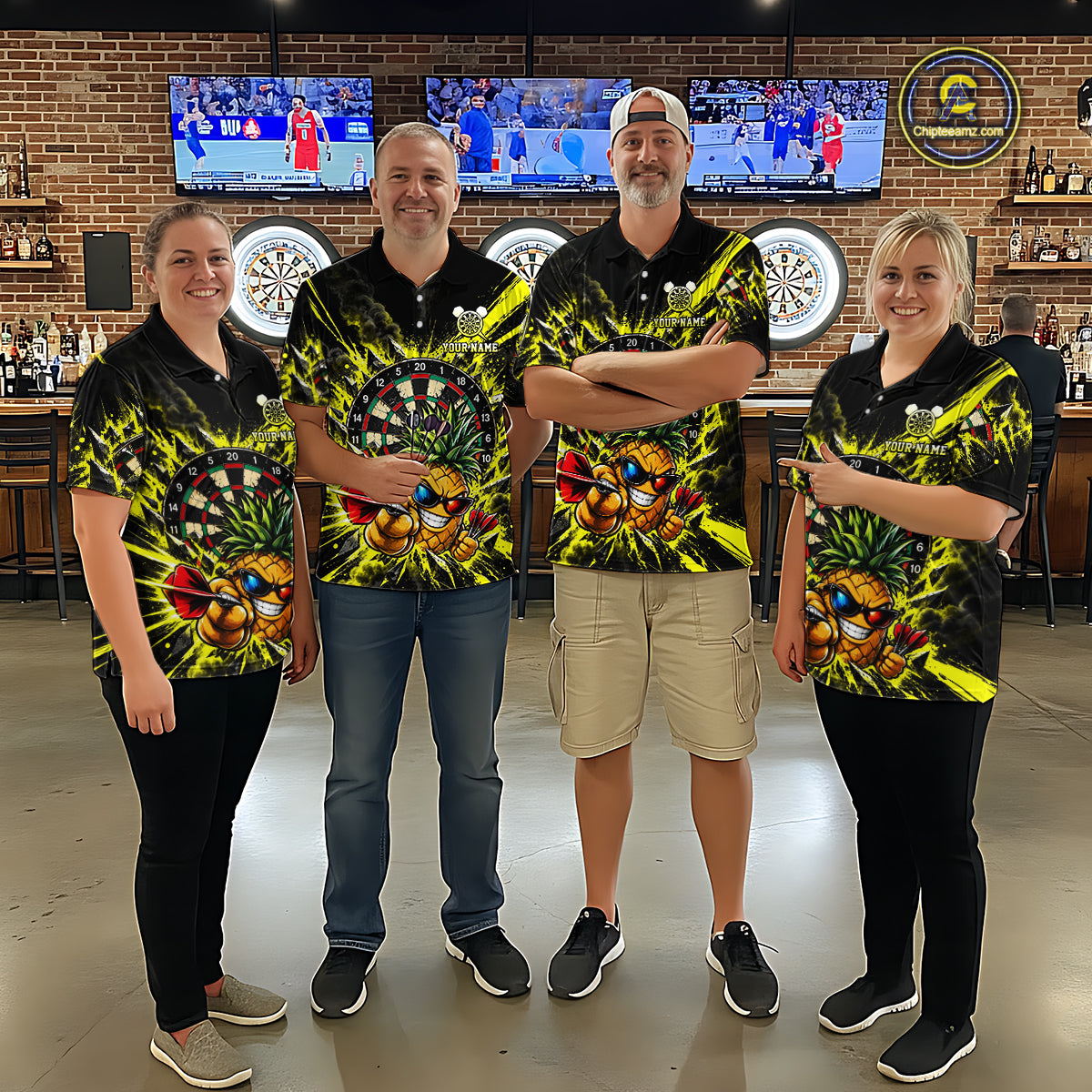 Cool Pineapple Dartboard Polo 1/4-Zip Shirt For Women Custom Yellow Black Darts Team Tournament Jersey NHT1668