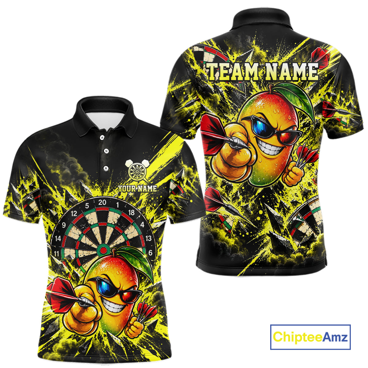 Cool Mango Dartboard Polo 1/4-Zip Shirt For Men Custom Yellow Black Darts Team Tournament Jersey NHT1669