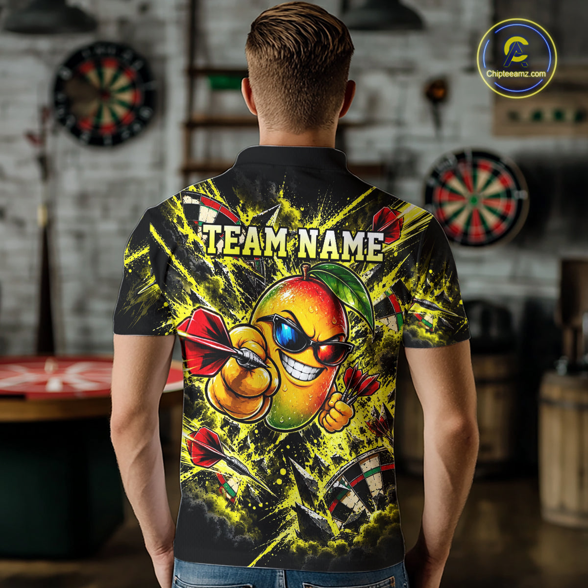 Cool Mango Dartboard Polo 1/4-Zip Shirt For Men Custom Yellow Black Darts Team Tournament Jersey NHT1669