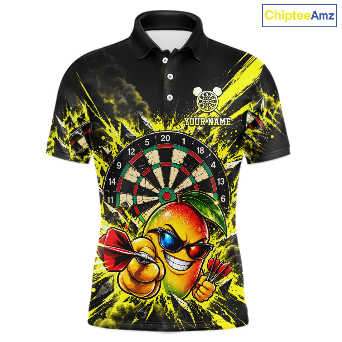 Cool Mango Dartboard Polo 1/4-Zip Shirt For Men Custom Yellow Black Darts Team Tournament Jersey NHT1669