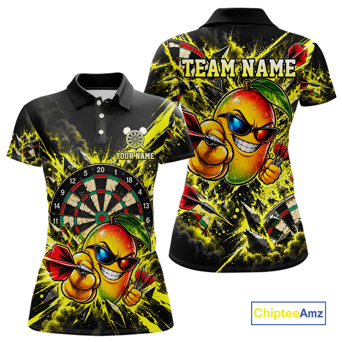 Cool Mango Dartboard Polo 1/4-Zip Shirt For Women Custom Yellow Black Darts Team Tournament Jersey NHT1669