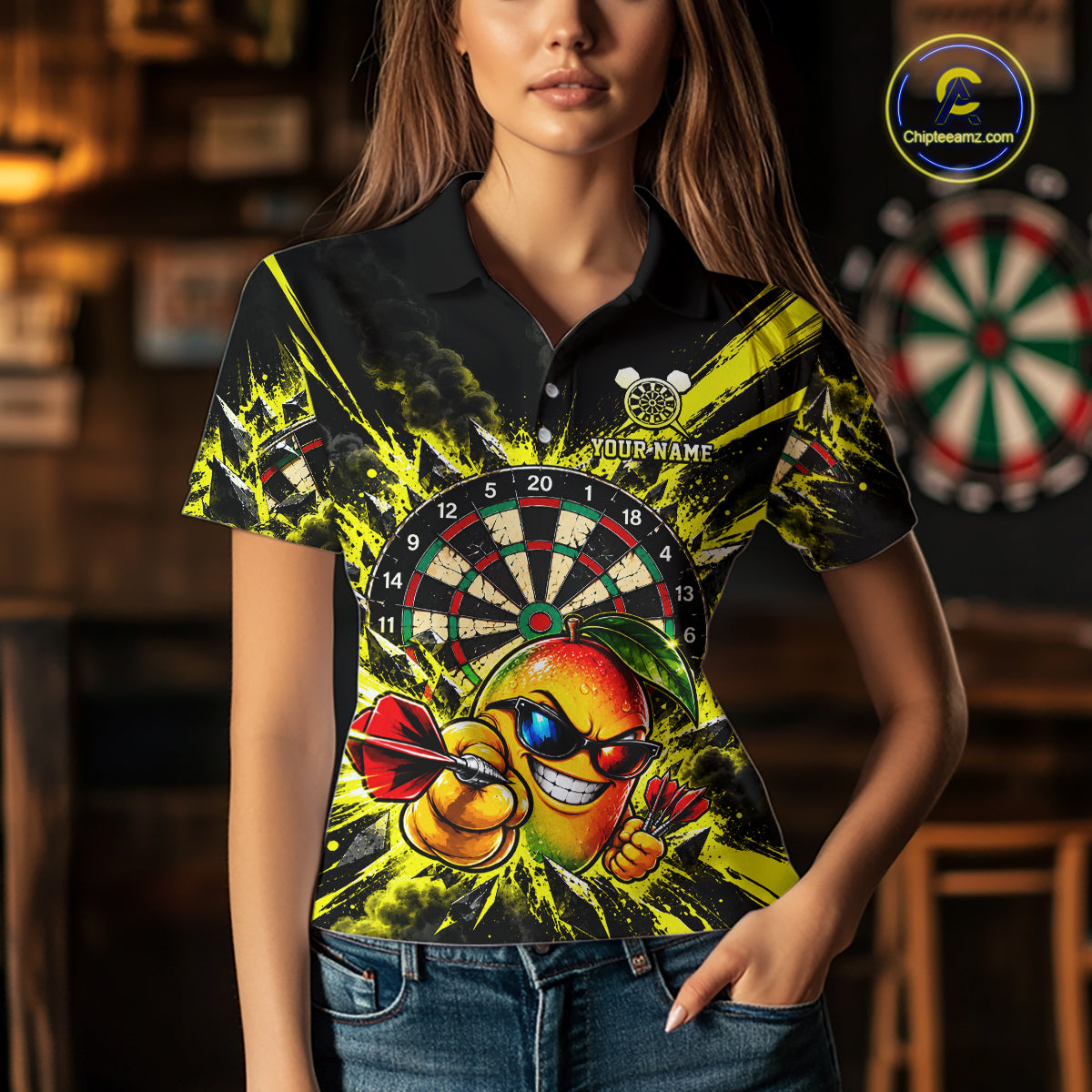 Cool Mango Dartboard Polo 1/4-Zip Shirt For Women Custom Yellow Black Darts Team Tournament Jersey NHT1669