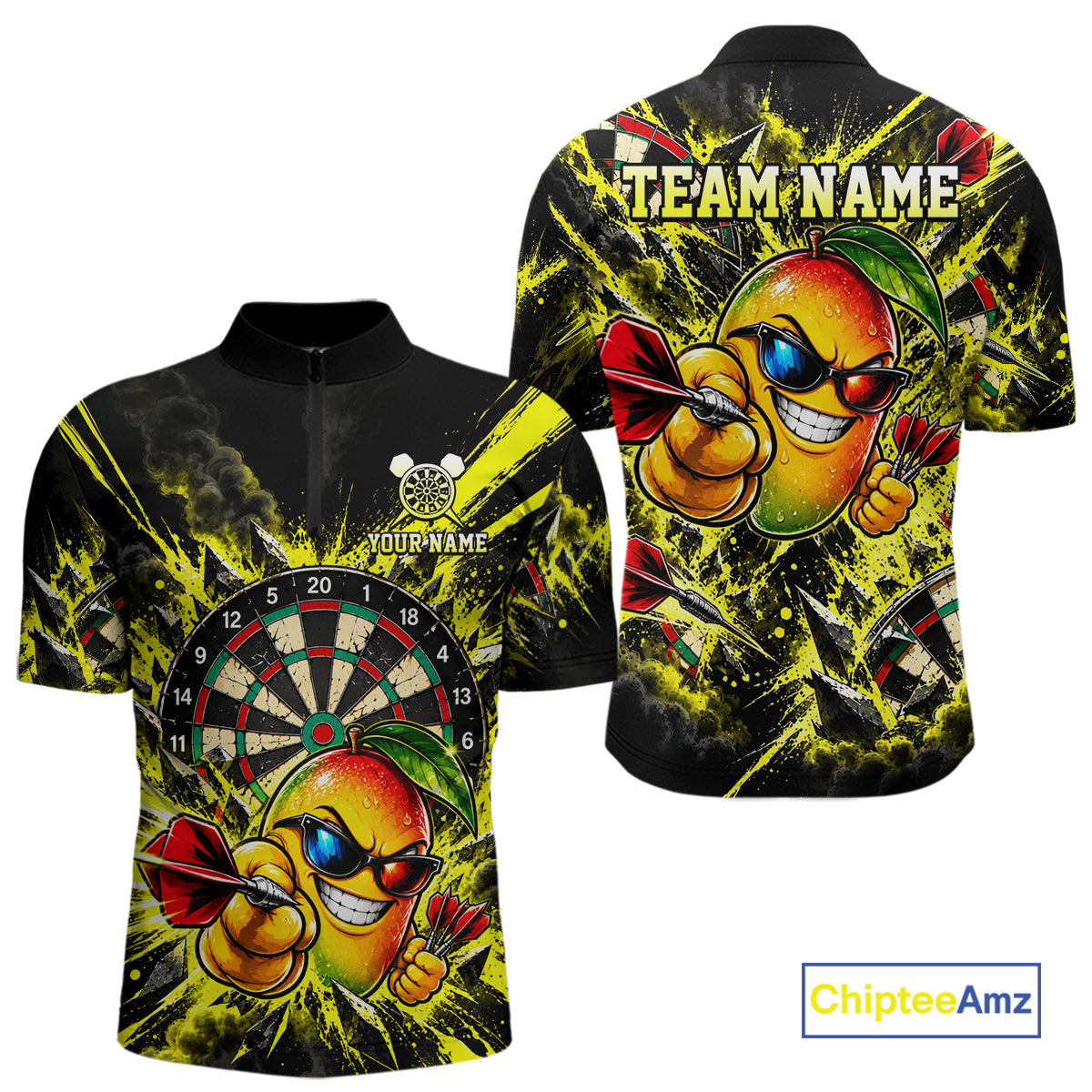 Cool Mango Dartboard Polo 1/4-Zip Shirt For Men Custom Yellow Black Darts Team Tournament Jersey NHT1669