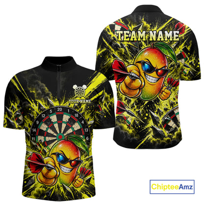 Cool Mango Dartboard Polo 1/4-Zip Shirt For Men Custom Yellow Black Darts Team Tournament Jersey NHT1669