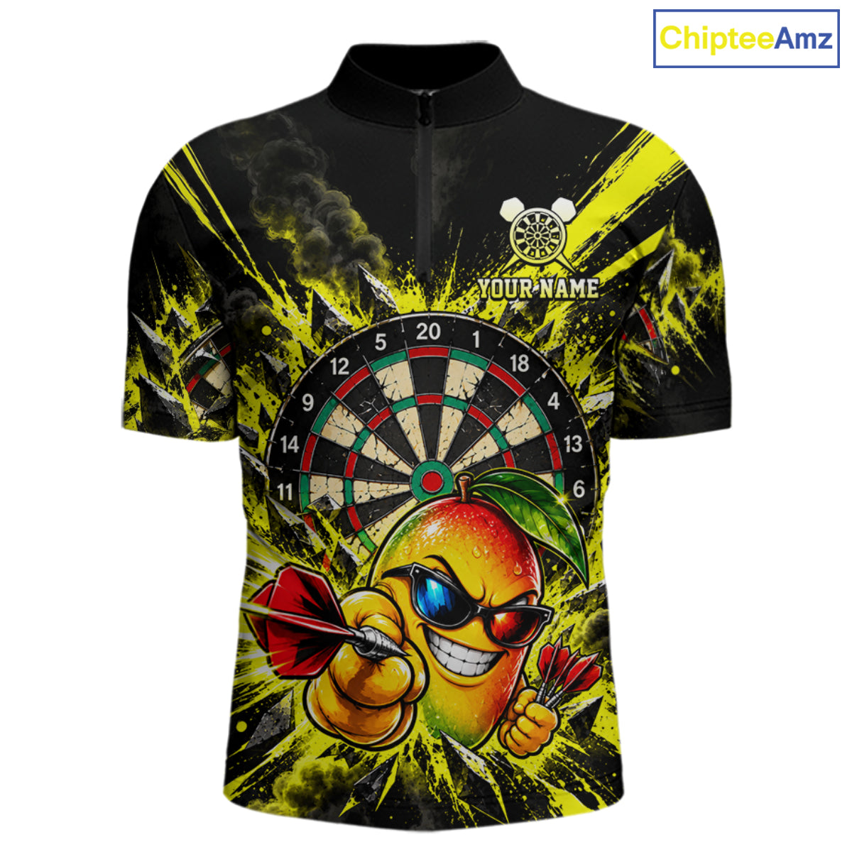 Cool Mango Dartboard Polo 1/4-Zip Shirt For Men Custom Yellow Black Darts Team Tournament Jersey NHT1669