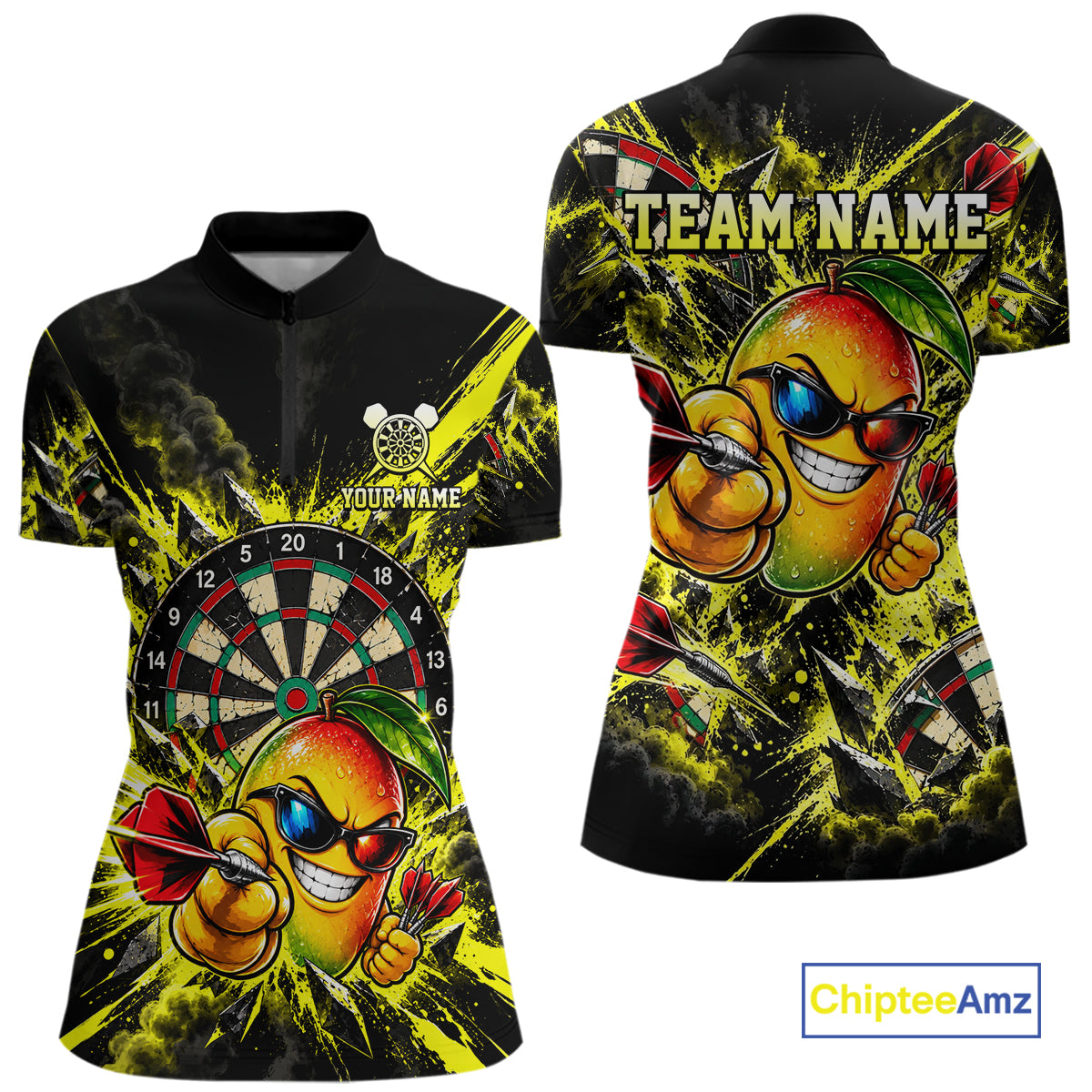 Cool Mango Dartboard Polo 1/4-Zip Shirt For Women Custom Yellow Black Darts Team Tournament Jersey NHT1669