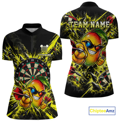 Cool Mango Dartboard Polo 1/4-Zip Shirt For Women Custom Yellow Black Darts Team Tournament Jersey NHT1669