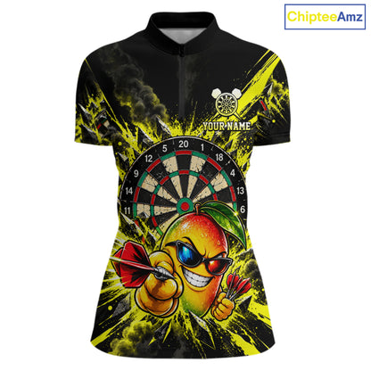 Cool Mango Dartboard Polo 1/4-Zip Shirt For Women Custom Yellow Black Darts Team Tournament Jersey NHT1669