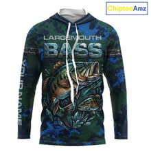 Load image into Gallery viewer, Green Camo Bass Fishing Shirt Long Sleeve Hooded, Bass Fishing Jersey, Performance Fishing Apparel NHT877