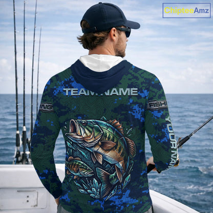 Green Camo Bass Fishing Shirt Long Sleeve Hooded, Bass Fishing Jersey, Performance Fishing Apparel NHT877