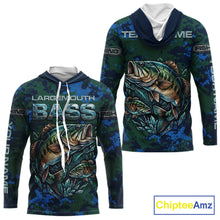 Load image into Gallery viewer, Green Camo Bass Fishing Shirt Long Sleeve Hooded, Bass Fishing Jersey, Performance Fishing Apparel NHT877