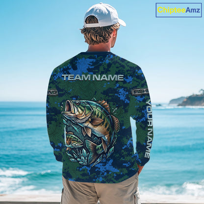 Green Camo Bass Fishing Shirt Long Sleeve, Bass Fishing Jersey, Performance Fishing Apparel NHT877