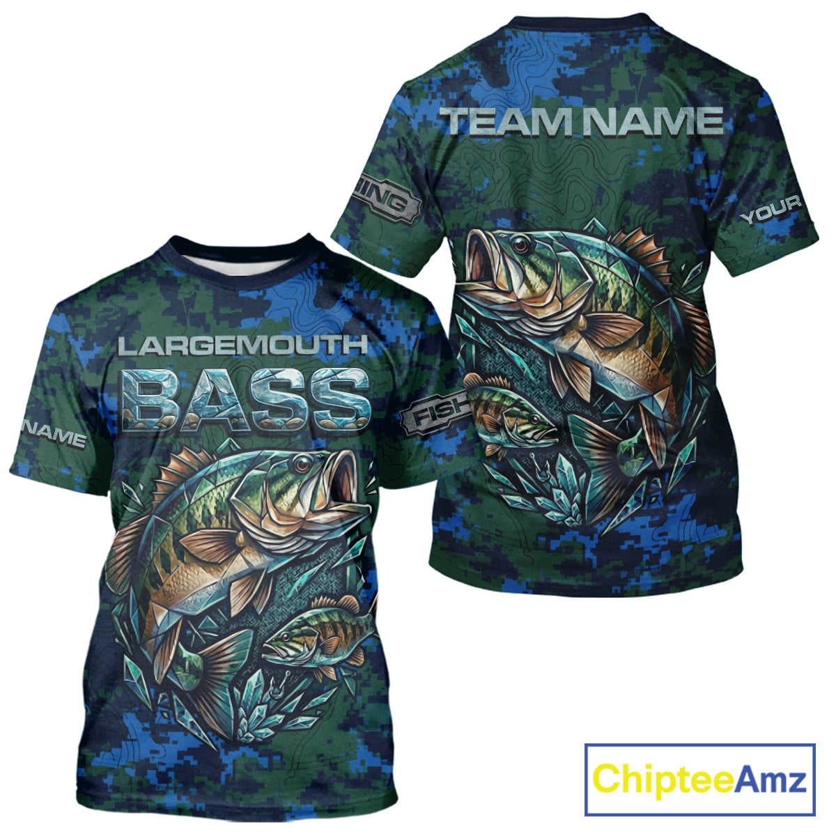 Green Camo Bass Short Sleeve Fishing T-Shirts, Bass Fishing Jersey, Performance Fishing Apparel NHT877