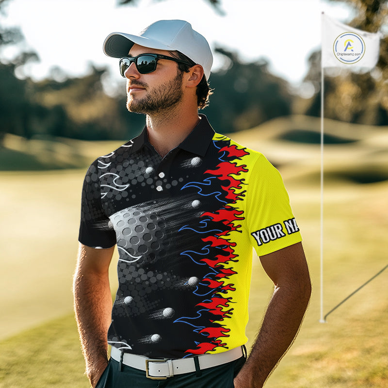 Personalized Mens Golf Shirt Custom Name Team Golf Shirt Flame Design, Golf Top NHT1352