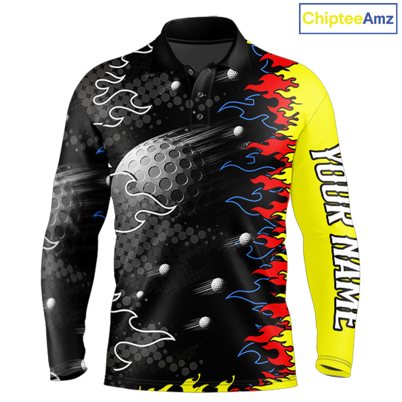 Personalized Mens Golf Shirt Custom Name Team Golf Shirt Flame Design, Golf Top NHT1352
