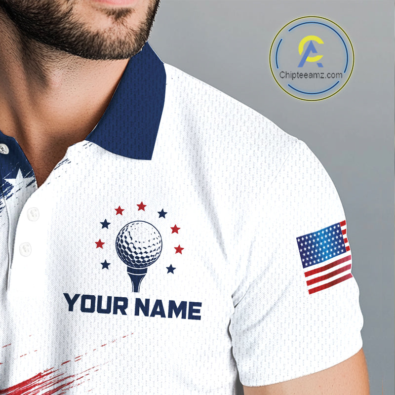 Patriotic American Flag Golf Polo Shirt For Men –  Red White Blue Golf Apparel 