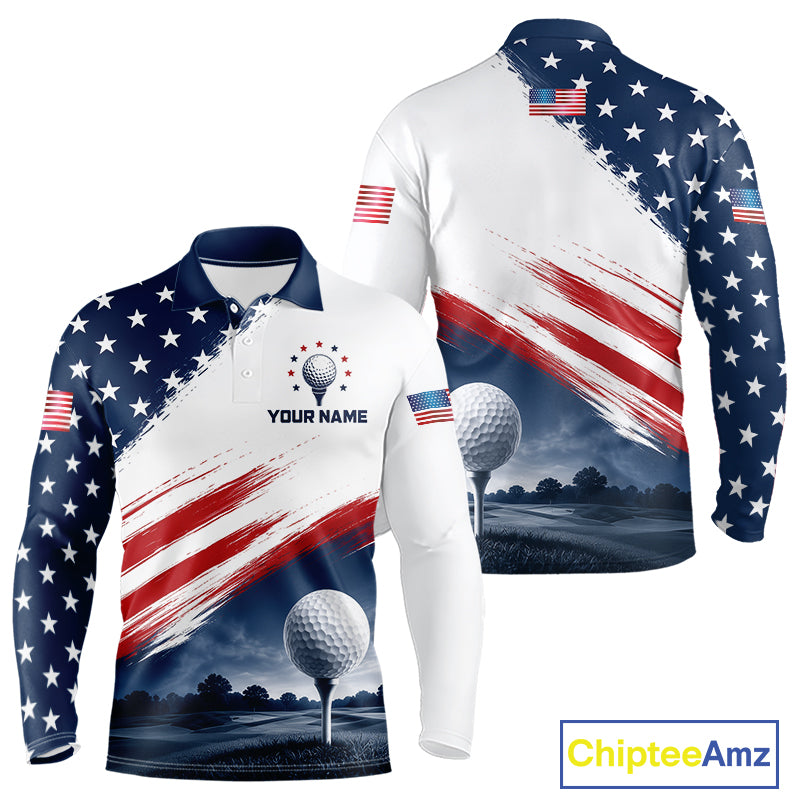 Patriotic American Flag Golf Polo Shirt For Men –  Red White Blue Golf Apparel 
