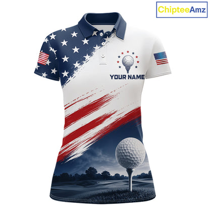 Patriotic American Flag Golf Polo Shirt For Women's –  Red White Blue Golf Apparel 