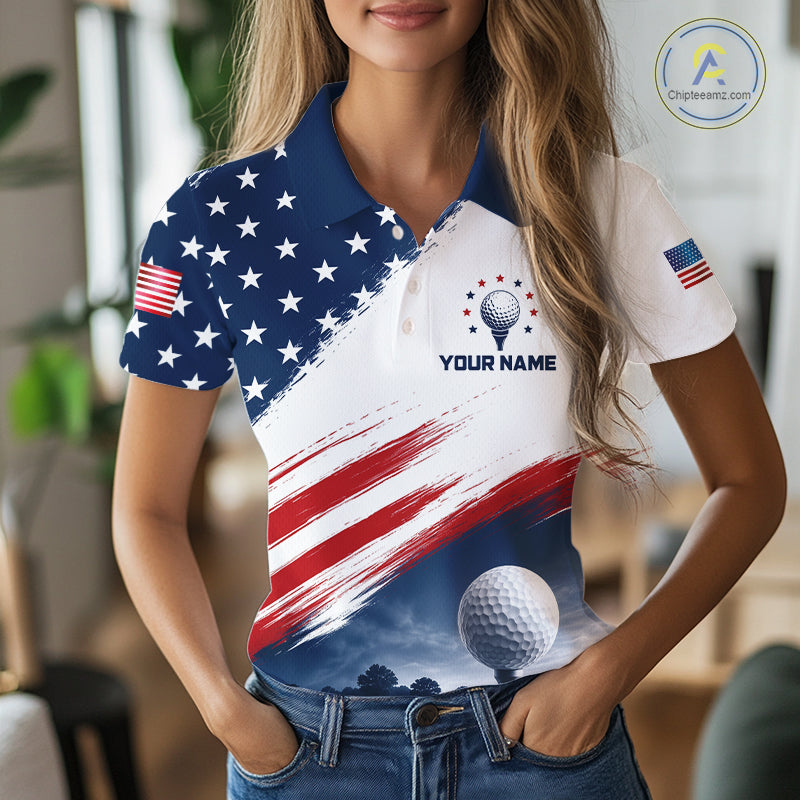 Patriotic American Flag Golf Polo Shirt For Women's –  Red White Blue Golf Apparel 