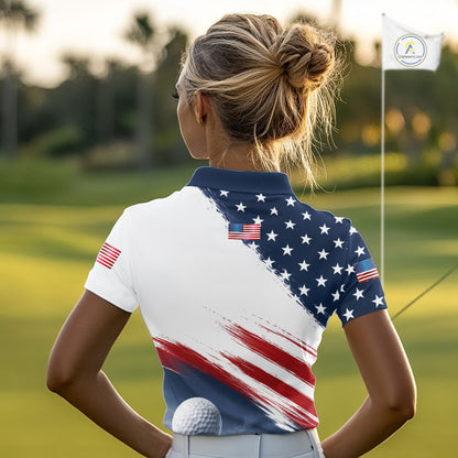 Patriotic American Flag Golf Polo Shirt For Women's –  Red White Blue Golf Apparel 