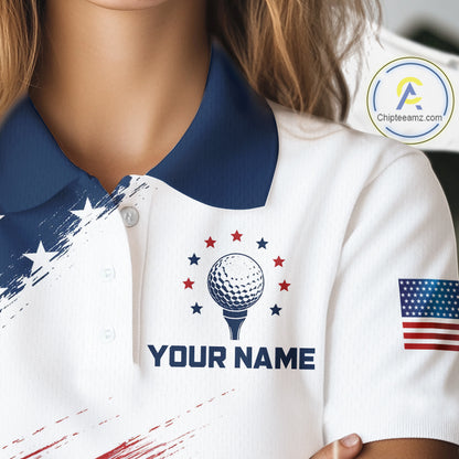 Patriotic American Flag Golf Polo Shirt For Women's –  Red White Blue Golf Apparel 